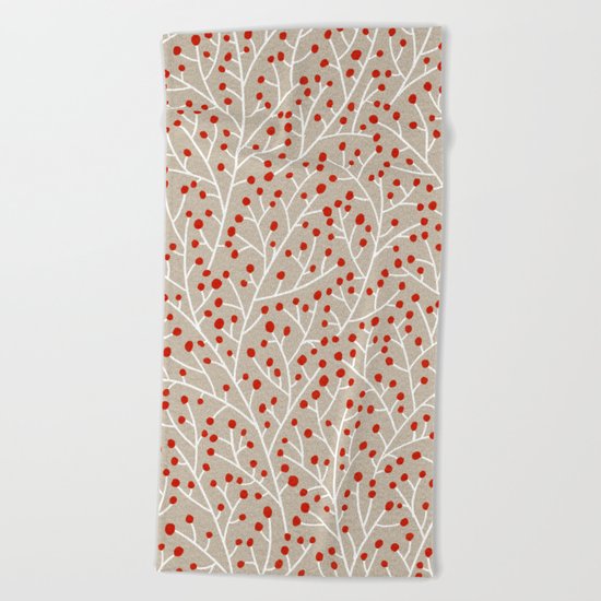 Red & White Berry Branches Beach Towel