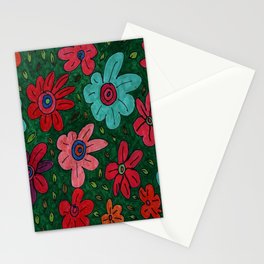 Abstract Multi-coloured Flowers Floating in Green  Stationery Card