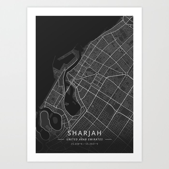 Sharjah, United Arab Emirates - Dark Map Art Print