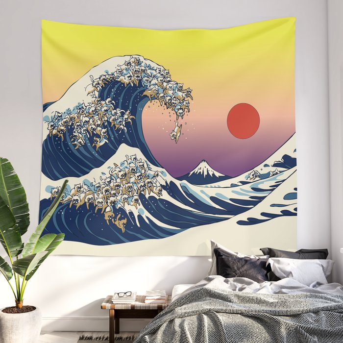 The Great Wave Of Cat Wall Tapestry by Huebucket Society6