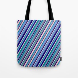 [ Thumbnail: Dark Cyan, Cornflower Blue, Grey, Blue & Pink Colored Stripes/Lines Pattern Tote Bag ]