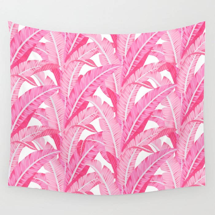 Pink banana leaves tropical pattern on white Wall Tapestry