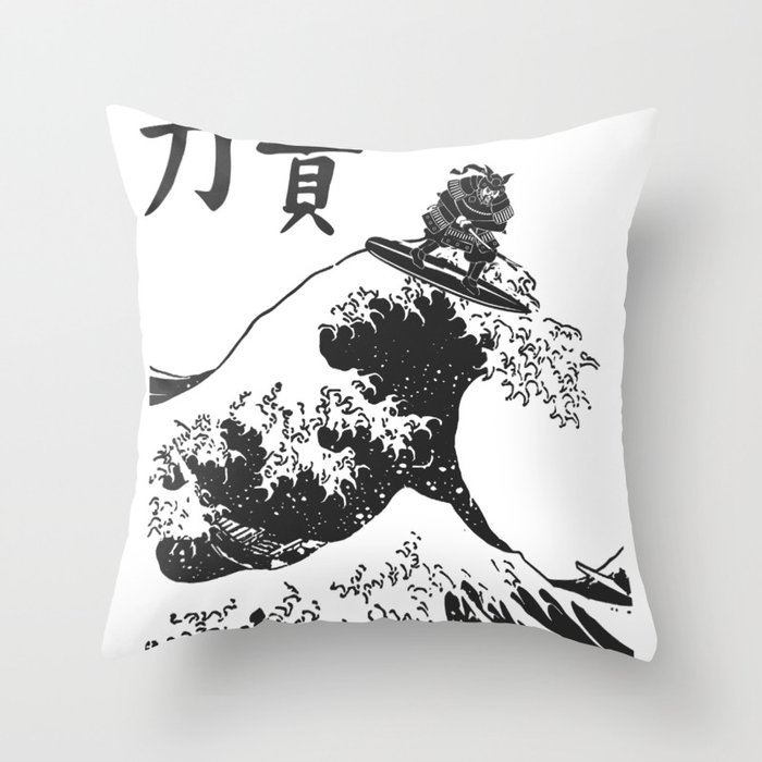 Samurai Surfing The Great Wave off Kanagawa Throw Pillow
