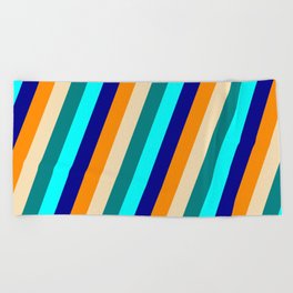 [ Thumbnail: Eyecatching Dark Orange, Tan, Teal, Aqua & Dark Blue Colored Stripes Pattern Beach Towel ]