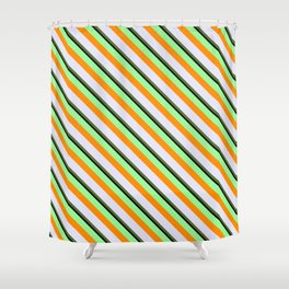 [ Thumbnail: Colorful Green, Dark Orange, Lavender, Dark Olive Green, and Black Colored Lined Pattern Shower Curtain ]
