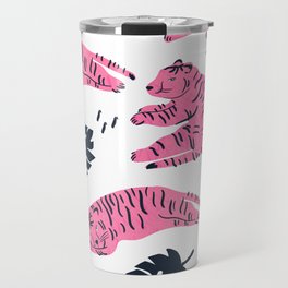 Pink tiger lies in various positions. Tropical leaves. Hand drawn vintage seamless pattern. Travel Mug