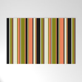 [ Thumbnail: Beige, Green, Coral & Black Colored Stripes Pattern Welcome Mat ]
