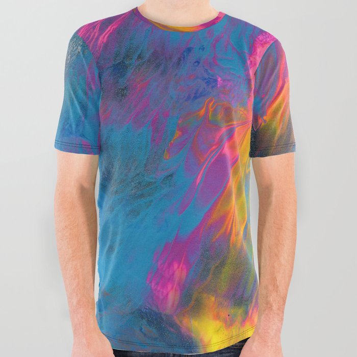 Dark Rainbow Fire Abstract Painting with Black Glitter All Over Graphic Tee