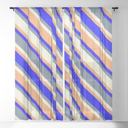[ Thumbnail: Beige, Brown, Blue & Slate Gray Colored Pattern of Stripes Sheer Curtain ]