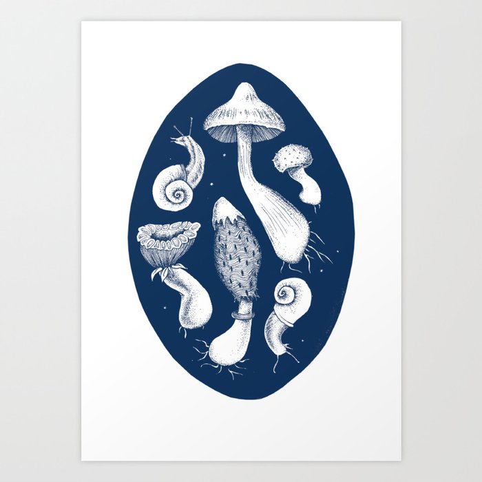 Ink Mushrooms - navy Art Print
