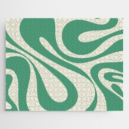 Mod Swirl Retro Abstract Pattern in Jade Green and Cream Jigsaw Puzzle