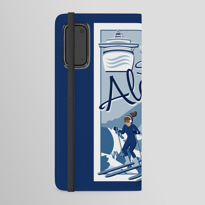 Vintage Style Ski Alaska Travel Poster // Skiing Adventure // Man and Woman Skiers // Navy, Slate, Blue, White Android Wallet Case