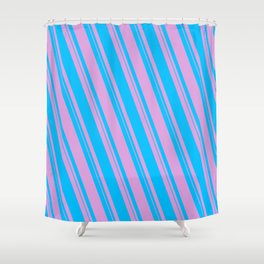 [ Thumbnail: Plum & Deep Sky Blue Colored Lined Pattern Shower Curtain ]
