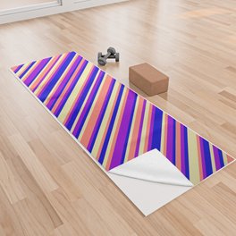 [ Thumbnail: Blue, Dark Violet, Salmon & Pale Goldenrod Colored Lined Pattern Yoga Towel ]