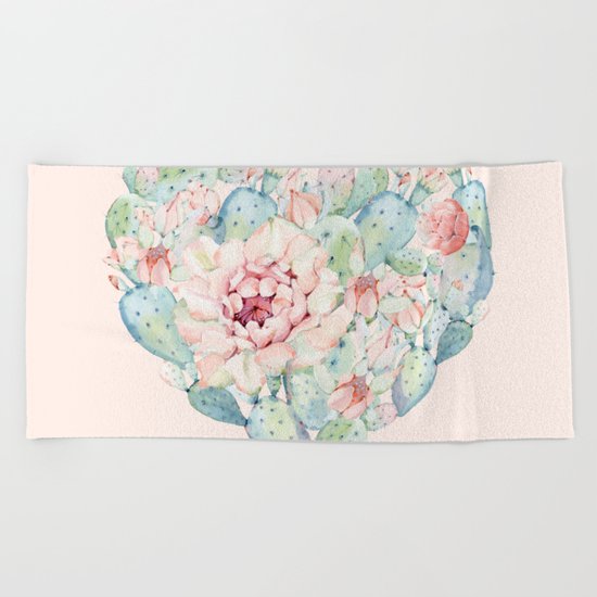 Cactus Rose Heart on Pink Beach Towel
