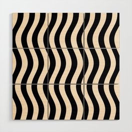 Wobbly Pop Stripes Pattern in Black and Almond Cream Wood Wall Art