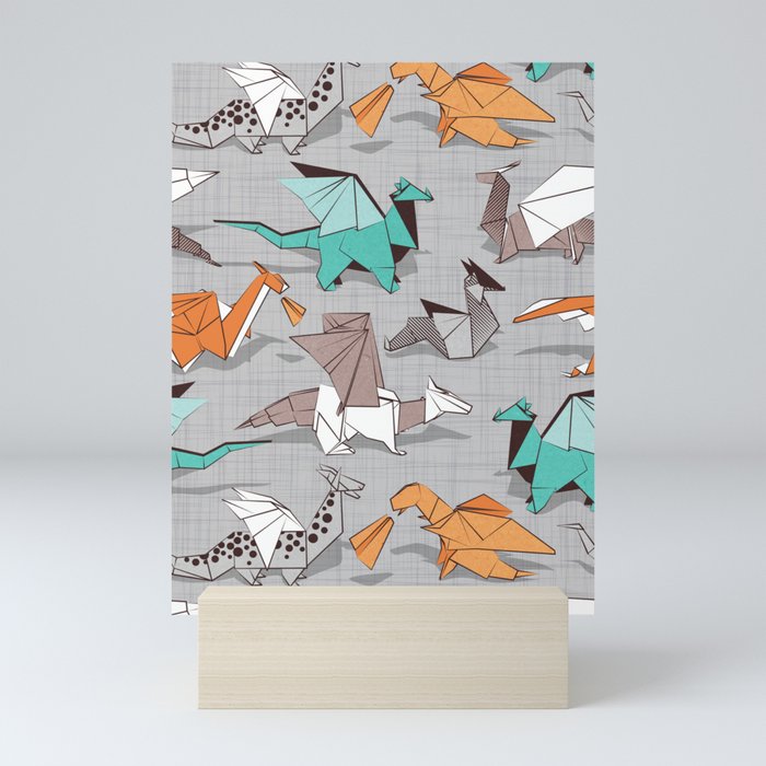 Origami dragon friends // grey linen texture background aqua orange grey and taupe fantastic creatures Mini Art Print