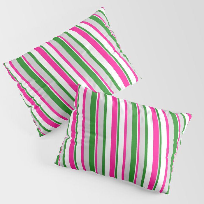 Forest Green, Light Grey, Deep Pink & White Colored Pattern of Stripes Pillow Sham