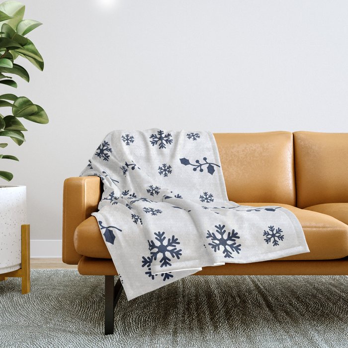 Christmas Pattern White Navy Blue Floral Snowflake Throw Blanket