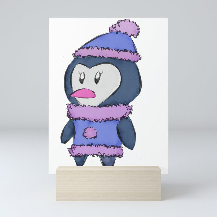 Penny the Penguin Cute Character (black coat) Mini Art Print