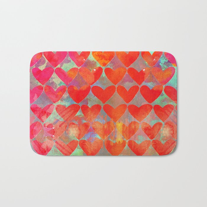 Love Overload, Maximalist Color Pop red Graphic Hearts, Valentine's Day Passion Colorful Bath Mat