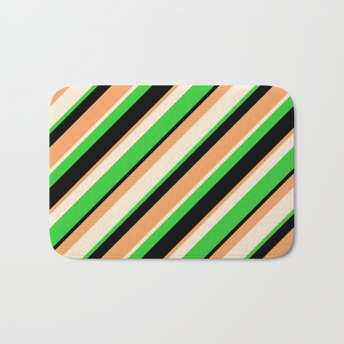 Beige, Lime Green, Black & Brown Colored Stripes Pattern Bath Mat