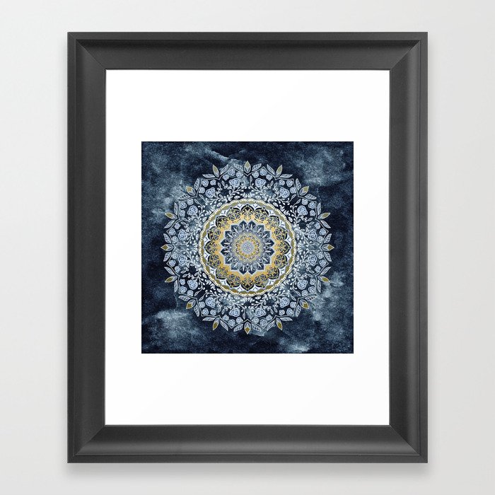 Blue Floral Mandala Framed Art Print