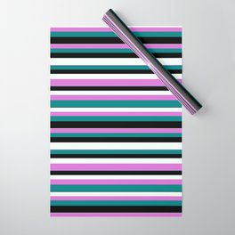 [ Thumbnail: Orchid, Teal, Black, and Mint Cream Colored Striped/Lined Pattern Wrapping Paper ]