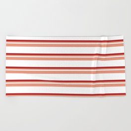 [ Thumbnail: Dark Salmon, White, and Red Colored Pattern of Stripes Beach Towel ]
