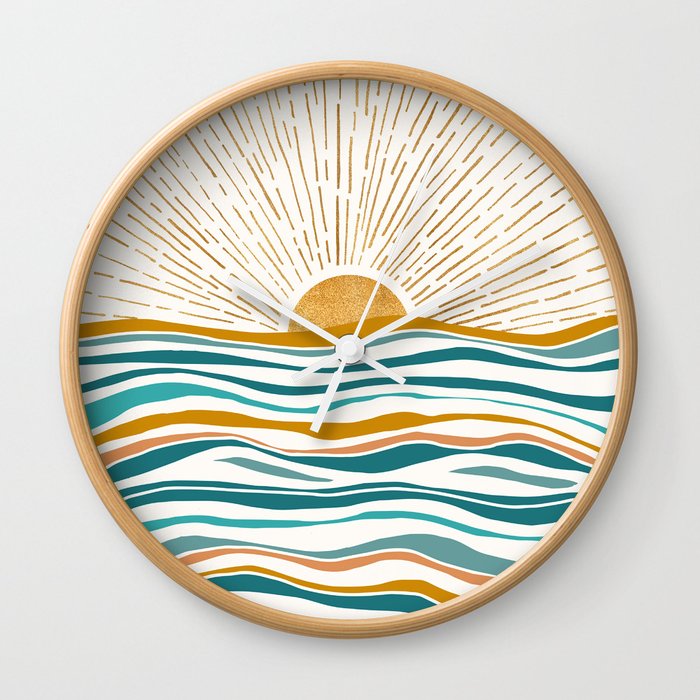 The Sun and The Sea - Gold and Teal Wall Clock