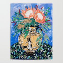 Cat Walk: Protea and Banksia Bouquet Floral Still Life with Greek Urn featuring Woman Walking Cats Poster