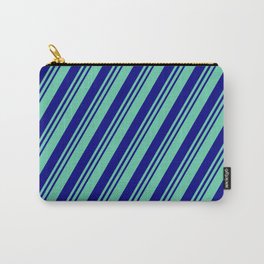 [ Thumbnail: Aquamarine and Blue Colored Lined Pattern Carry-All Pouch ]