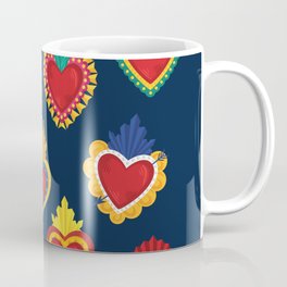 Mexican Sacred Hearts Pattern / Blue Background by Akbaly Coffee Mug | Mexicanfolkart, Mexicanbrassheart, Graphicdesign, Mexicanculture, Bigheart, Romanticheart, Mexicantraditions, Perfectgift, Heartshape, Mexicanstyle 