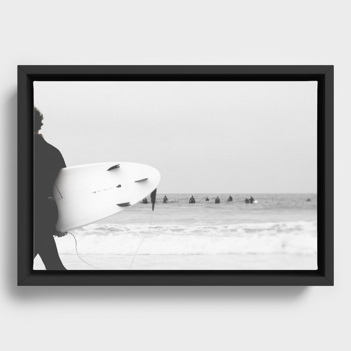 Catch a Wave - Abstract Surf Board photography - Black and White Surfer - Ocean Sea Travel photo Framed Canvas