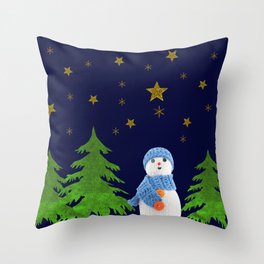 Sparkly gold stars, snowman and green tree Throw Pillow