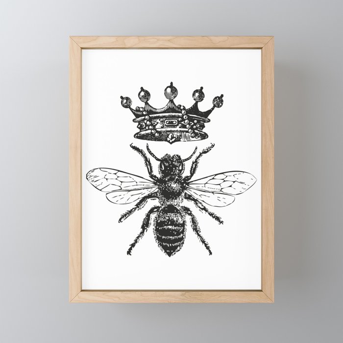 Queen Bee No. 1 | Vintage Bee with Crown | Black and White | Framed Mini Art Print