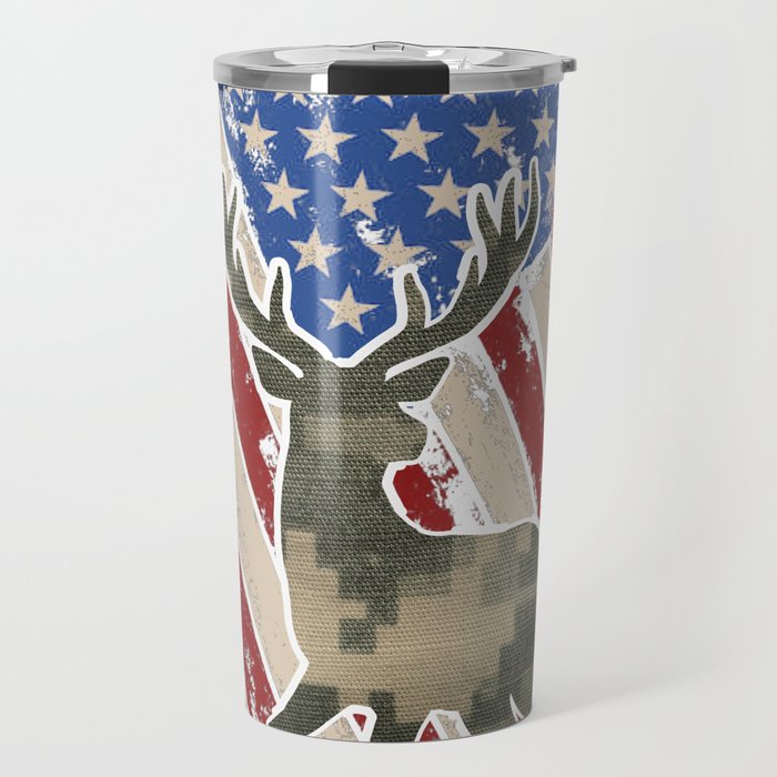 Camo Deer Hunters Patriotic Flag Travel Mug