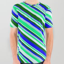 [ Thumbnail: Eyecatching Light Blue, Green, Light Cyan, Dark Green & Blue Colored Pattern of Stripes All Over Graphic Tee ]