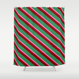 [ Thumbnail: Light Pink, Deep Pink, Dark Red & Sea Green Colored Striped Pattern Shower Curtain ]