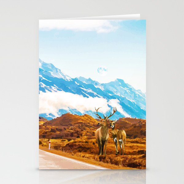 Wildlife, Animals Nature Travel Landscape Painting, Snow Moon Wanderlust Forest Antelopes Stationery Cards