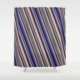 [ Thumbnail: Tan, Dim Gray, and Midnight Blue Colored Lined Pattern Shower Curtain ]