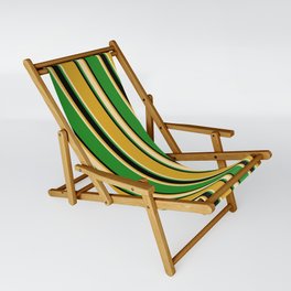 [ Thumbnail: Goldenrod, Tan, Forest Green, and Black Colored Striped/Lined Pattern Sling Chair ]