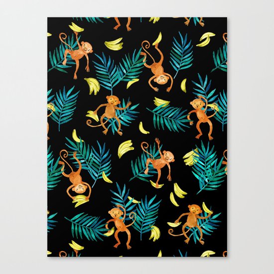 Tropical Monkey Banana Bonanza on Black Canvas Print