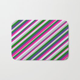 [ Thumbnail: Eye-catching Dark Slate Blue, Deep Pink, Lavender, Grey, and Green Colored Striped/Lined Pattern Bath Mat ]