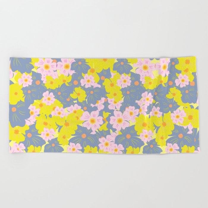 Pastel Spring Flowers on Yellow Beach Towel