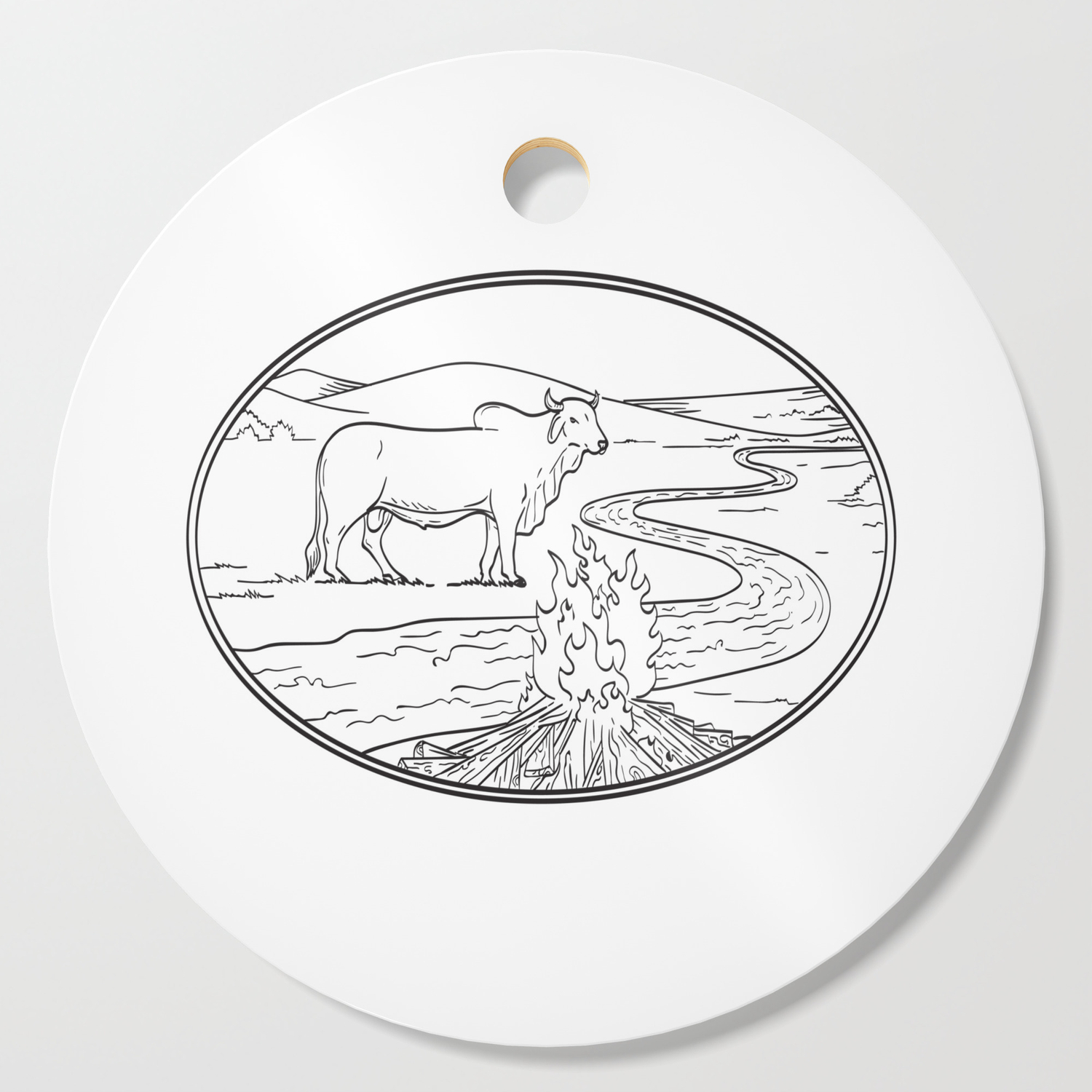 Brahman Bull Standing with Winding River or Creek Mountain Range and  Campfire Line Art Drawing Tattoo Style Black and White Cutting Board by  patrimonio | Society6