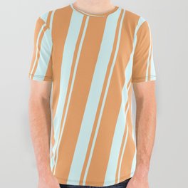 [ Thumbnail: Brown & Light Cyan Colored Lined/Striped Pattern All Over Graphic Tee ]