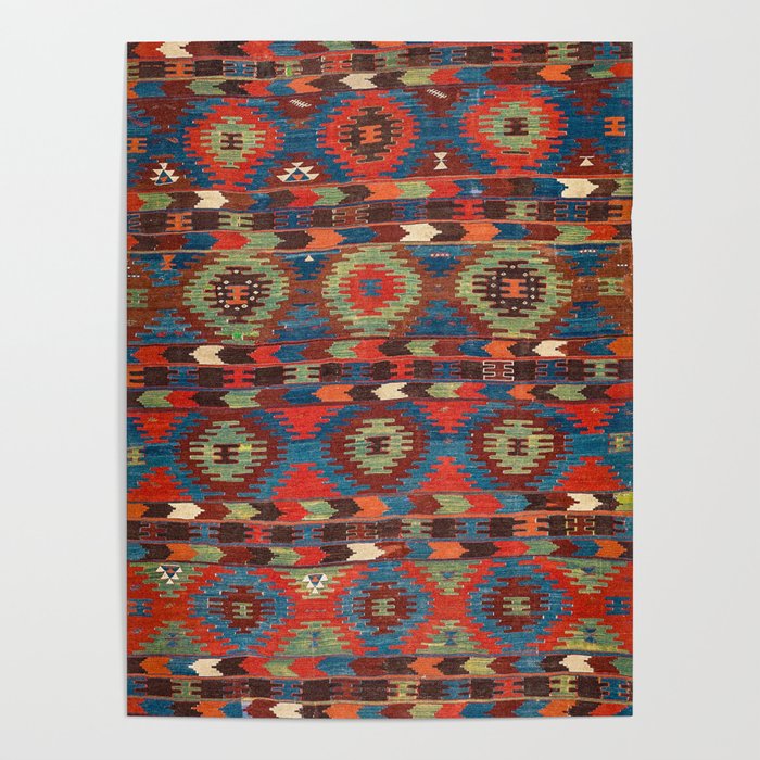 Tuscan Shapes III // 19th Century Southwest Colorful Red Blue Orange Green Brown Ornate Rug Pattern Poster