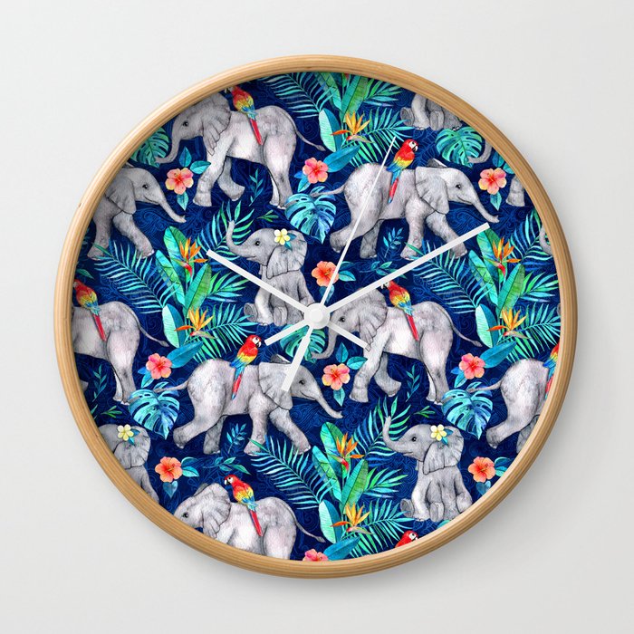 Elephants and Parrots in Indigo Blue Wall Clock