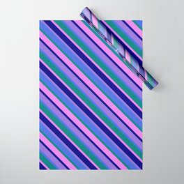 [ Thumbnail: Purple, Royal Blue, Teal, Violet & Blue Colored Stripes/Lines Pattern Wrapping Paper ]